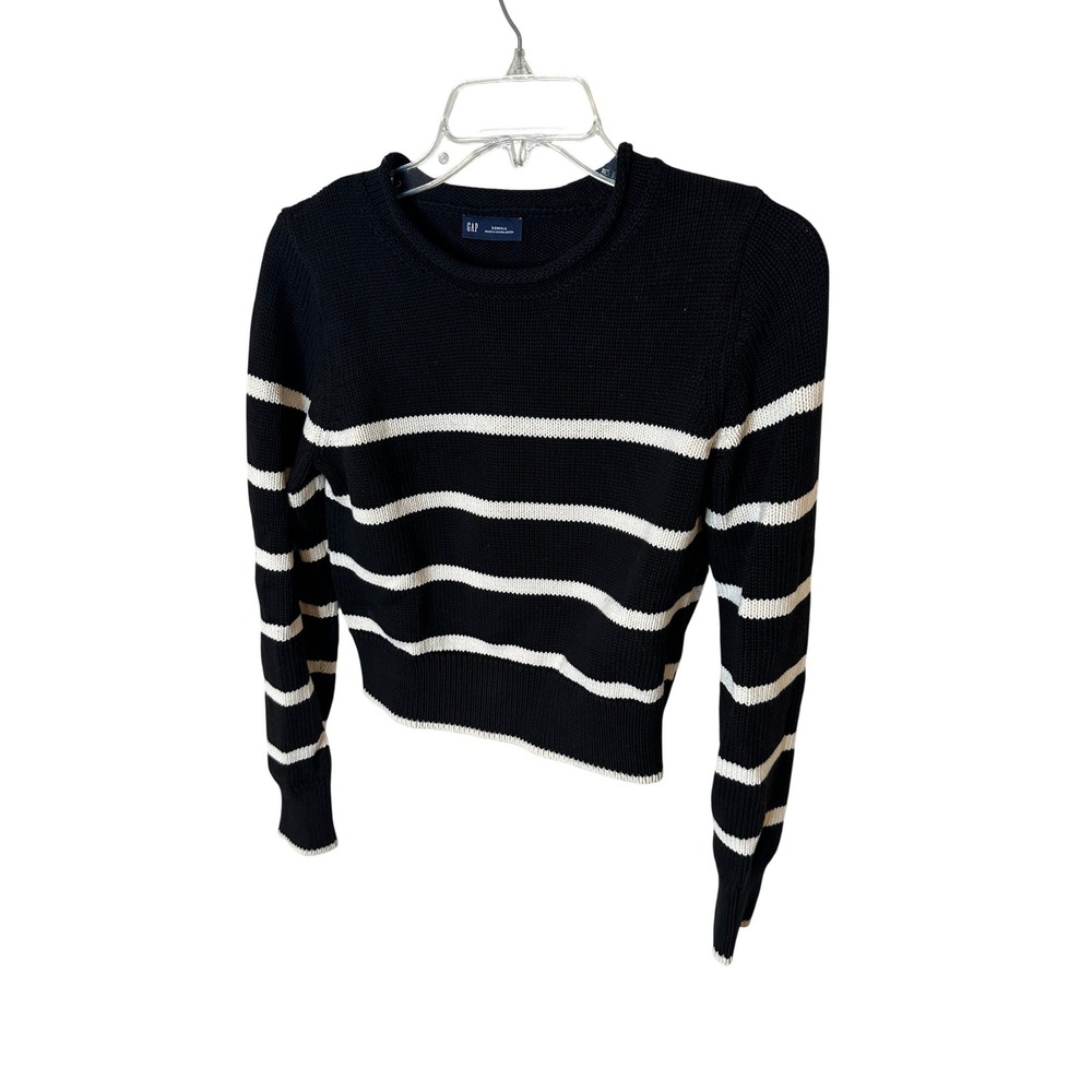GAP‎ Black White Stripe Crew Neck Long Sleeve Cropped Sweater XS